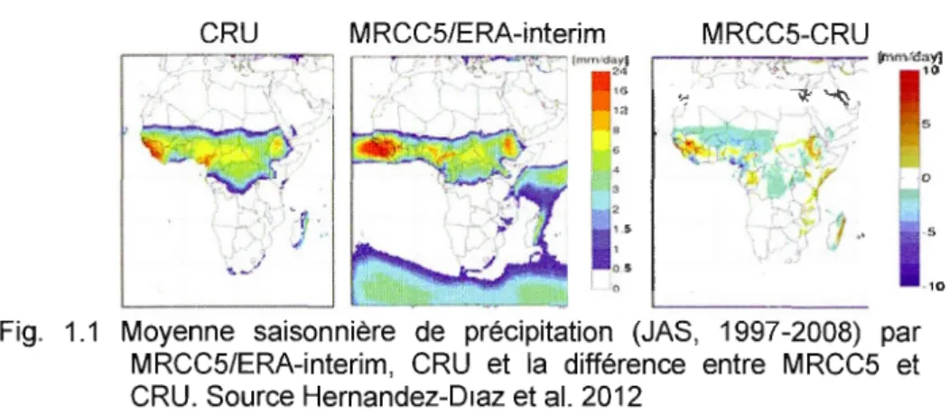 Fig.  1 . 1  Moyenne  saisonnière  de  précipitation  (JAS,  1997 -2008)  par 