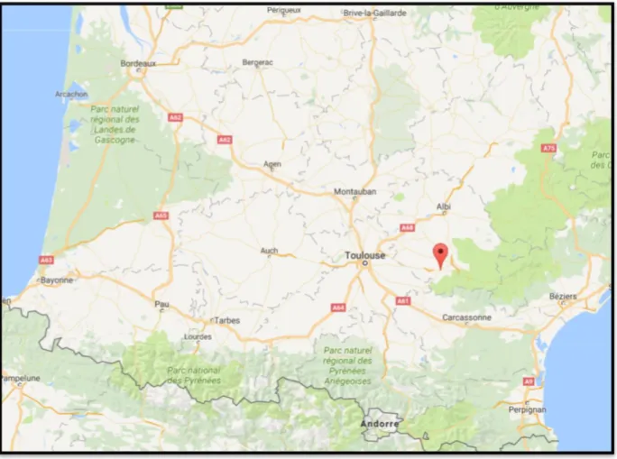 Figure  18-  Situation  géographique  des  deux  centres  de  collecte  de  semence  à  Soual,  dans  le  Tarn  –  Source :  cartesfrance.fr 