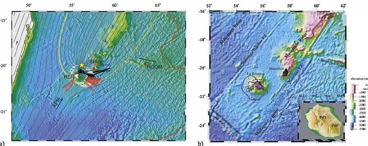 Fig. 1.  La  Réunion hotspot: a): SKS mamie anisotropy  orientations (red and  black lines) consistent  with stream-lines orientations (gray  plain lines )  deduced from a standard  mamie-plume mode! centered  below  the yellow star (from  Barruol and Font