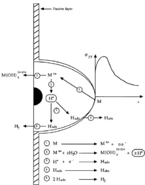 Figure III.1 : Représentation schématique du mécanisme de fragilisation par l'hydrogène (Najjar,  et al., 1997) 