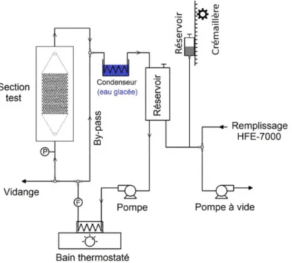 Figure II.11. Boucle fluide (d’après [23]).  P  : capteur de pression hydrostatique ;  F  : débitmètre liquide