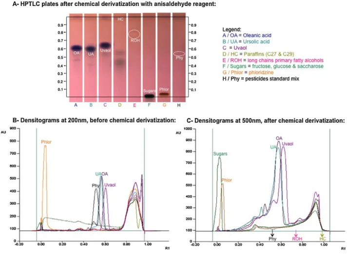 Fig. 1. HPTLC (Silica Gel plates) proﬁles and densitograms for matrix analyte standards before (A) and after (B and C) derivatization with anisaldehyde reagent.