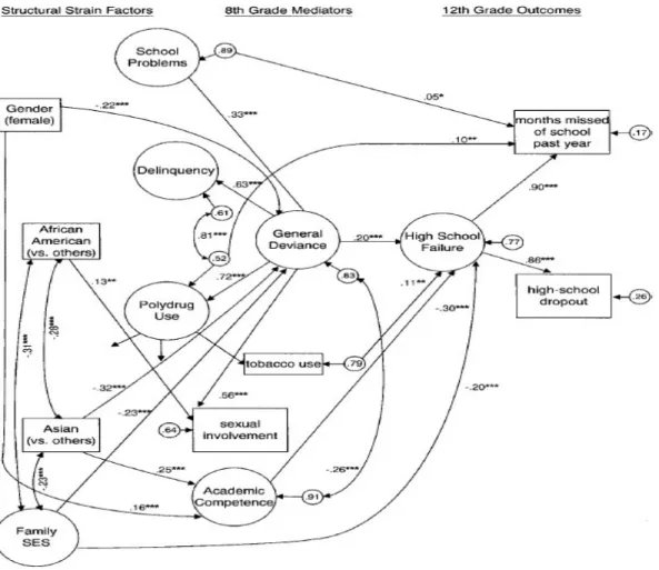 Figure  2.  Modèle  structurel  final  de  Newcomb  et  al.  (2002).    Les  rectangles  sont  les  variables  mesurées,  les  cercles  correspondent  aux  facteurs  latents,  et  le  petit  cercle  représente la variance