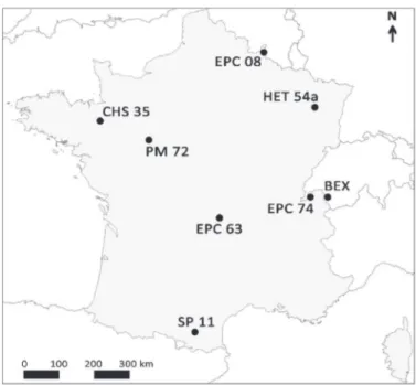 Fig. 1. Location of the study sites sampled for lichen diversity: seven sites are located in various regions of France and one in nearby Switzerland.