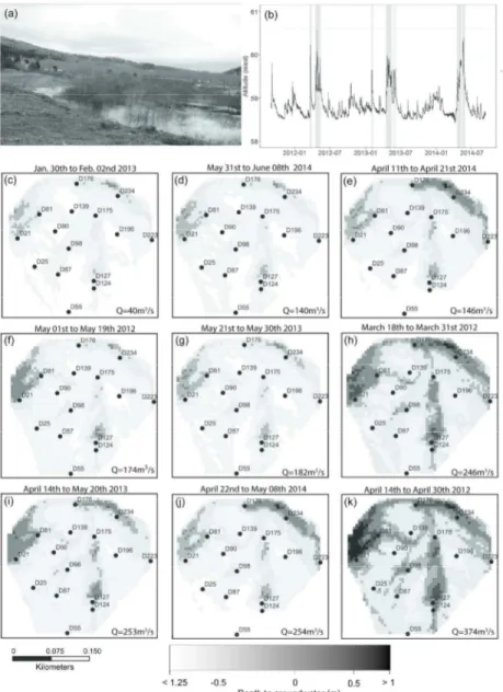 Figure 9.  (a) Groundwater flooding events revealed by a picture taken from the reconyx camera at flood  event of 254 m3/s