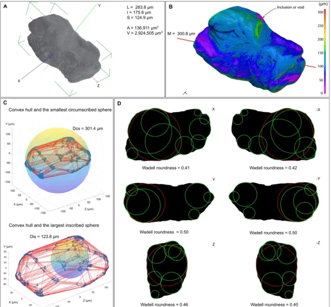 Fig. 1.3. Morphological parameters obtained with the µCT method on the gold grain 1. A) MeshLab representation with the minimal 