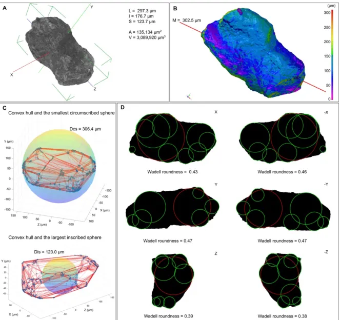 Fig.  1.4.  Morphological  parameters  obtained  with  the  3D  SEM  photogrammetry  method  on  the  gold  grain  1