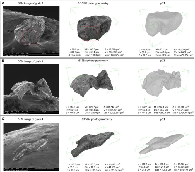 Fig. 1.5. SEM images, 3D meshes, and shape parameters for SEM photogrammetry and µCT methods: A) gold grain 2