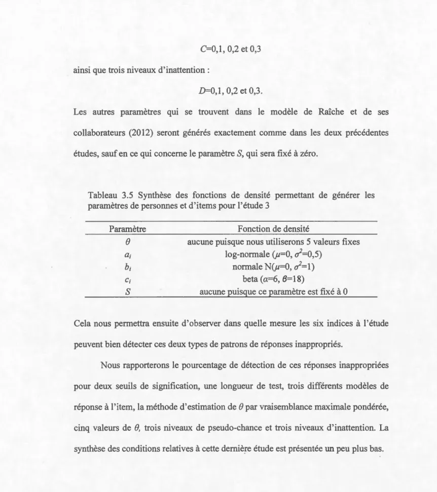 Tableau  3.5  Synthèse  des  fonctions  de  densité  permettant  de  générer  les 