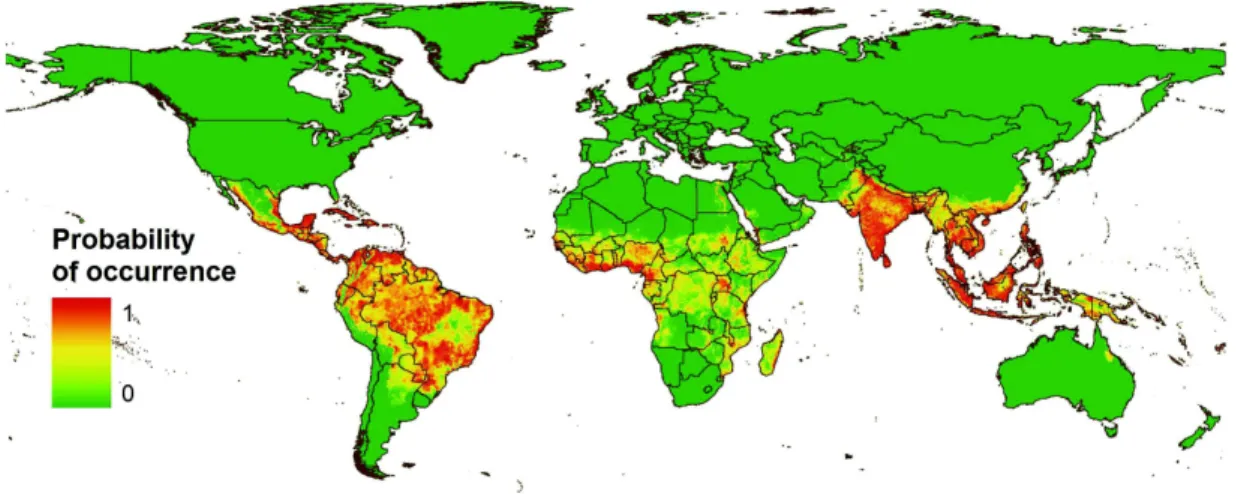 Fig. 2. Boosted Regression Trees (BRT) model probability of occurrence map. Map predicted at a 5 km × 5 km resolution with exclusion criteria [ 2 ].