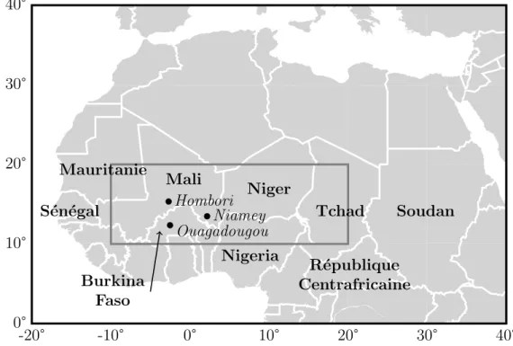 Figure 1.1 – Carte de l’Afrique. Le rectangle gris correspond au Sahel ´etudi´e dans cette th`ese