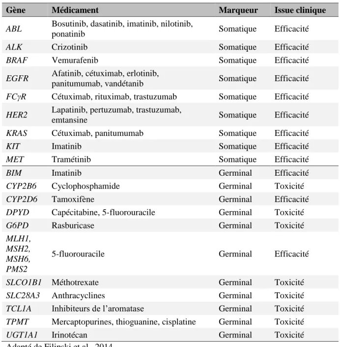Tableau 1. Exemples de marqueurs de nature somatique et héréditaire pour lesquels  un effet sur la réponse aux anticancéreux a été démontré