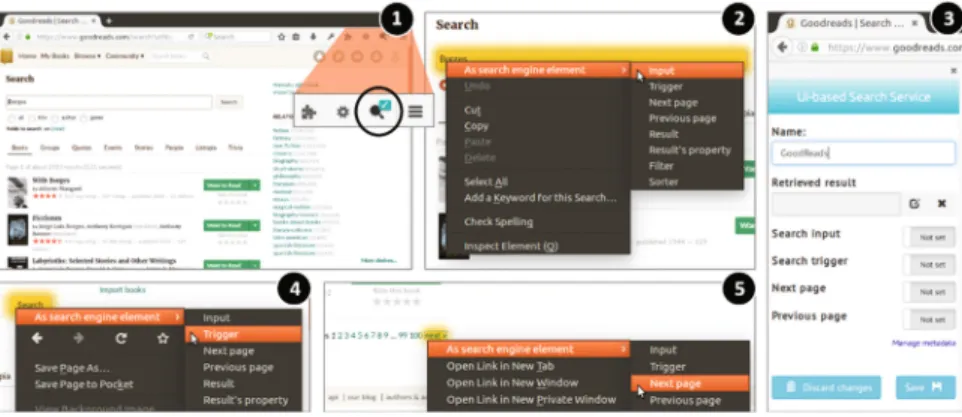 Figure 7 shows how Amaru is starting to create a UI-based Search Service by selecting DOM elements from the Web site of GoodReads, concretely from its search engine 2 