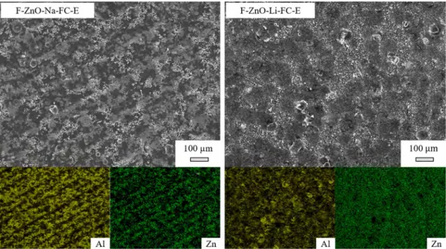 Figure 9 SEM images and EDS analyses of coatings after durability tests: F-ZnO-Na-FC-E and F-ZnO-Li-FC-E.