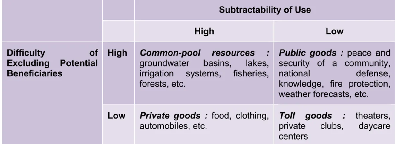 Tableau 8 : Les différents types de ressources selon Ostrom 