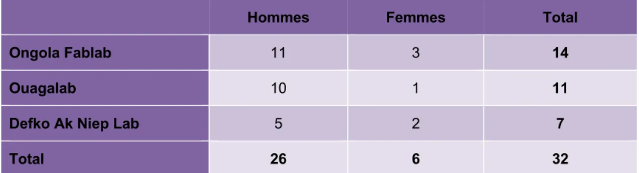 Tableau 9 : Répartition des entretiens par makerspaces et par genre 