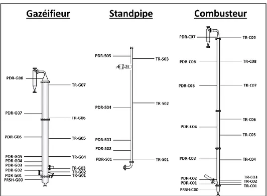 Figure 2.14: Position des capteurs de température et de pression le long du gazéifieur, du combusteur et du  standpipe
