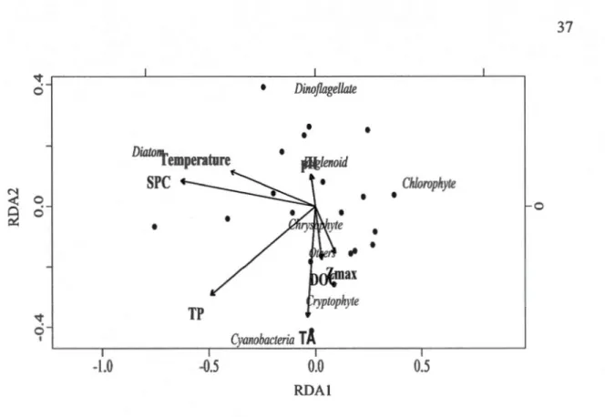 Fig u re  1.2  Redundancy  analysis  (RDA)  of phytoplankton  groups  biovolumes  with  respect to  selected  environmental  explanatory variables:  tannic  acid equivalent (TA,  mgL