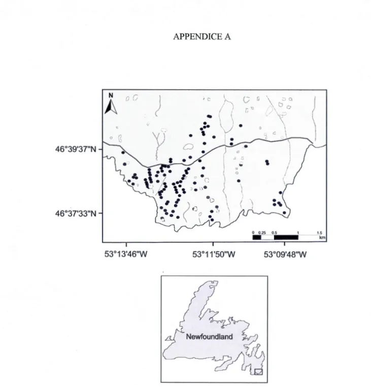 Figure A.1  Sampling location  during  summer 2013  of the  44  of  103  study  ponds  at  Cape  Ra ce,  Newfoundland , Canada