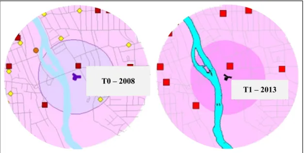 Figure 2 : Cartographie de l’environnement alimentaire bâti autour de l’école 2 –  Pavillon 1 (cycle scolaire 1), aux deux temps  