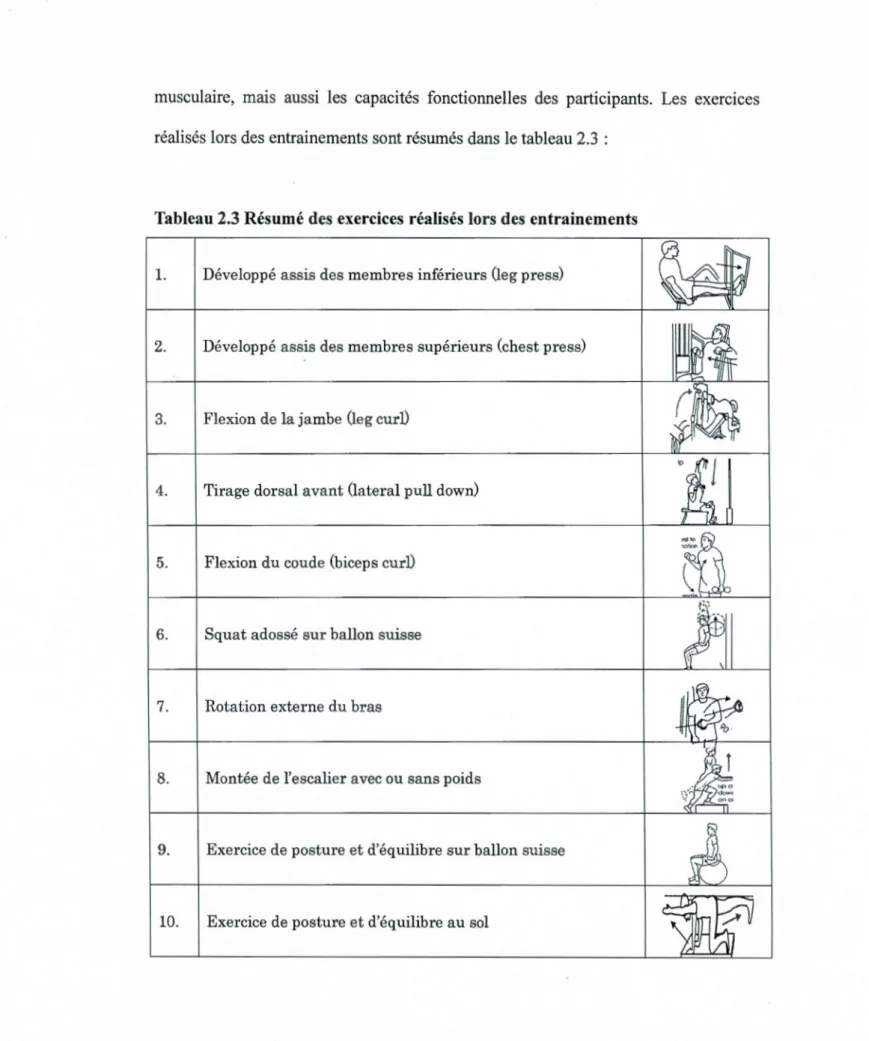 Tableau 2.3 Résumé des exercices réalisés lors des entrainements 