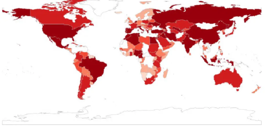 Figure 2. Distribution of tomato production in global world in 2013. Unit: million tons 