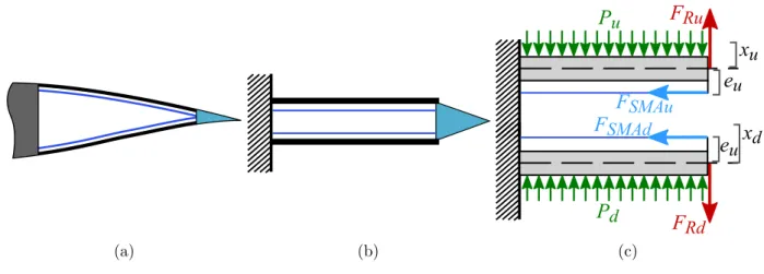 Figure 2.4: (a) Scheme of the camber controlled wing section. The SMA wires appear in blue