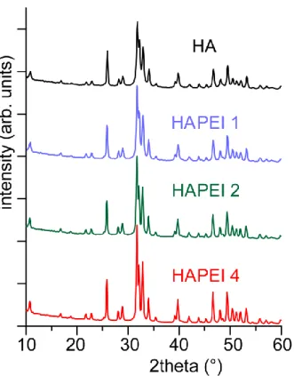 Figure S1. Powder X-ray diffraction patterns of the apatitic samples synthesized in the presence of  different PEI concentrations in solution (HAPEI 1, HAPEI 2 and HAPEI 4 for 1 M, 2 M and 4 M of  PEI in solution, respectively), compared with HA (without P