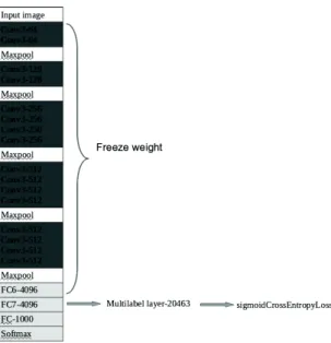Fig. 1. Transfer learning with VGG19 CNN. The top 18 layers (conv3-64 to FC7-4096) are frozen and the second to last and last are replaced with a multilabel layer with 20,483 nodes (number of concepts or labels)