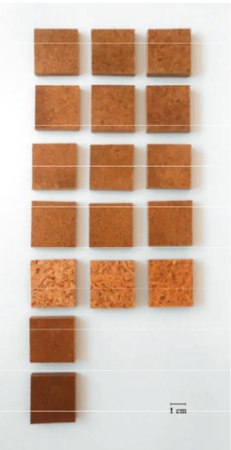 Figure 2. Test specimens of the binderless fiberboards produced during this study. Row 1–4, Fiberboards produced from extrusion refined straw with a L/S ratio of 1.0, 0.8, 0.6 and 0.4, respectively; Row 5, Fiberboards produced from milled straw; Columns 1–
