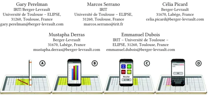 Figure 1 : Illustration du stacking d’un smartphone sur une tablette pour interagir avec une application tableur:  sélection d’une plage (A), visualisation d’un graphique (B), calcul d’une moyenne (C) et édition d’une cellule (D)