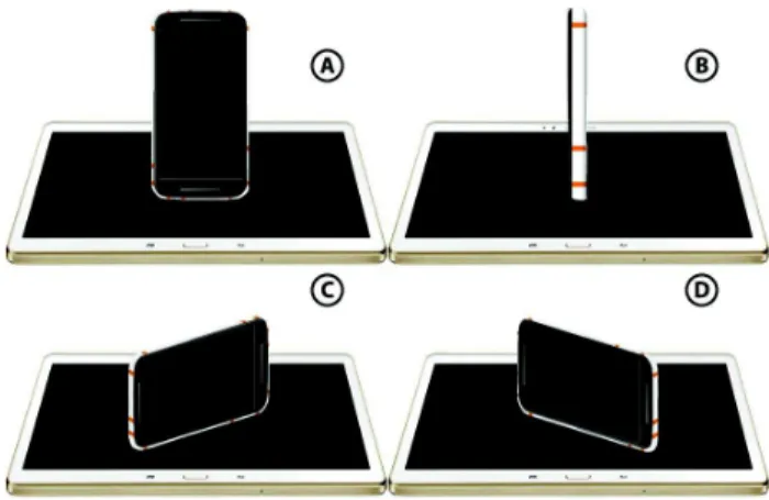 Figure 4 : Exemples d'orientation initiale: 0° et 90° en mode  portrait (A et B) puis -45° et 45° en mode paysage (C et D)