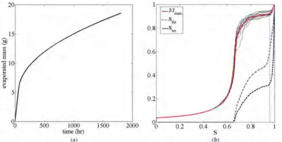 FIG. 5. Drying curves obtained from PN simulations: (a) the average  evapo-rated liquid mass as a function of time, (b) the average normalized evaporation rate (red curve), the normalized  evap-oration rate for each realization (solid black curves), the av