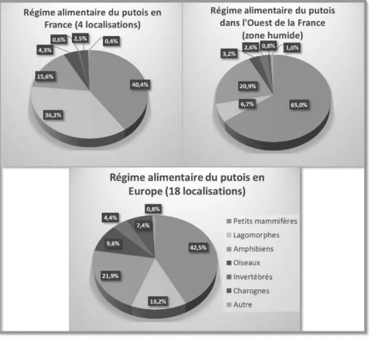 Figure 3 : Comparaison des régimes alimentaires du putois suivant sa localisation en France et en Europe (71–73) 