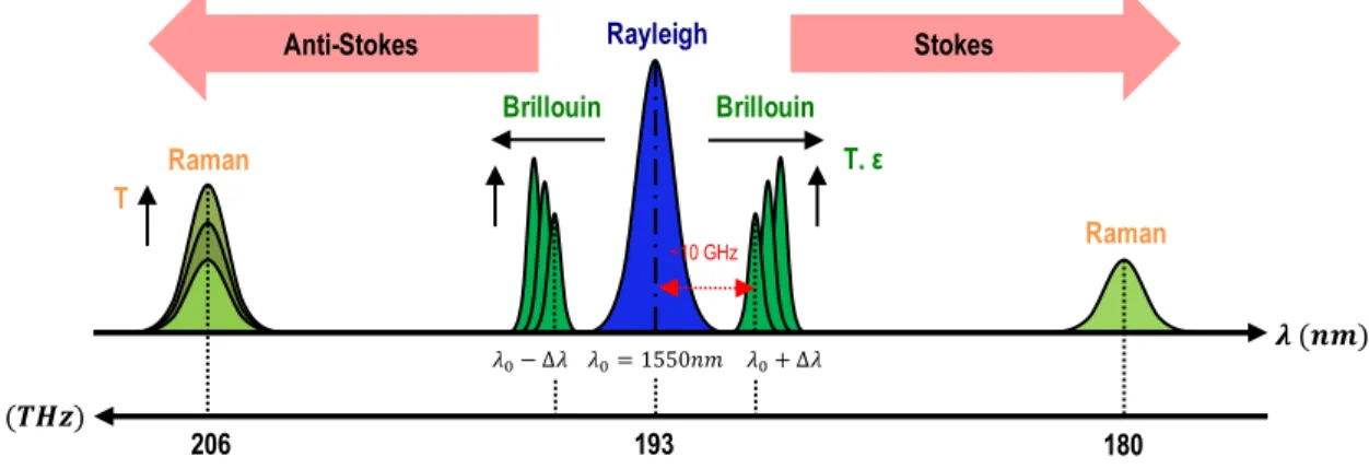 Figure 1.15   Various scattering processes in a standard SMF showing Rayleigh, Raman, and Brillouin  shifts with Stokes and anti-Stokes signals 
