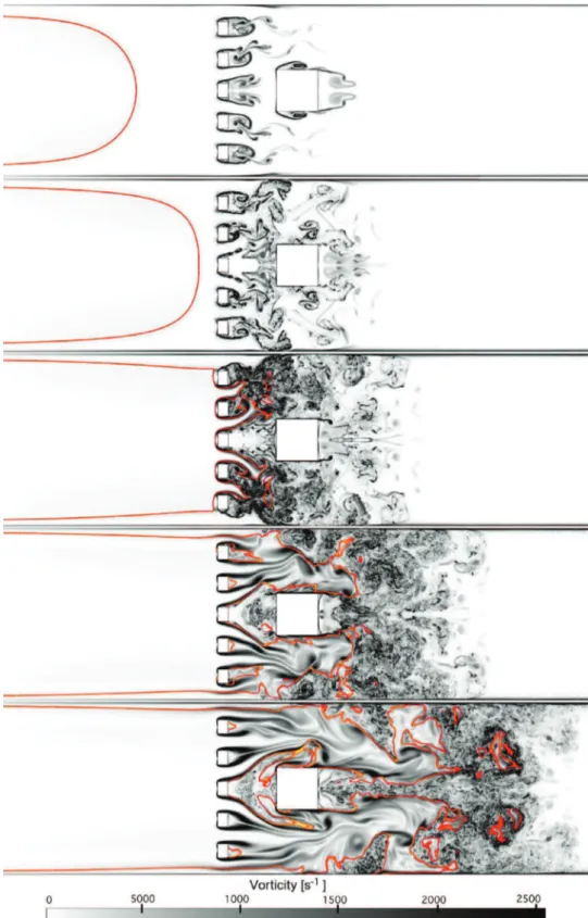 Fig. 18. VRLES (973.10  6  cells,  1 x  = 0.136 mm) of flame propagation in configuration OOBS SS (C  3  H  8  ,  8 =  1)