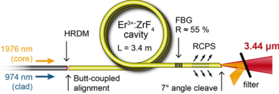 Figure 1.2 – Experimental setup of the 3.4 µm DWP Er 3+ : ZrF 4 cavity.