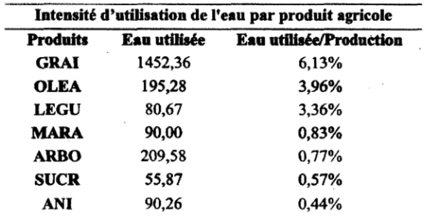 Tableau 8. Intensité d'utilisation de l'eau par produit agricole 
