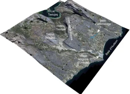 Figure 1.2:  Image  satellitaire  IKONOS  de  la  région  d'Umiujaq  drapée  sur  un  modèle numérique d'élévation
