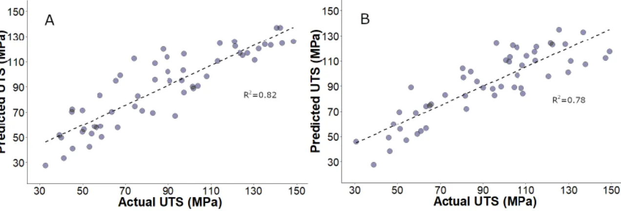 Figure 10. Model-predicted and actual UTS for white ash (A) and yellow birch (B) samples