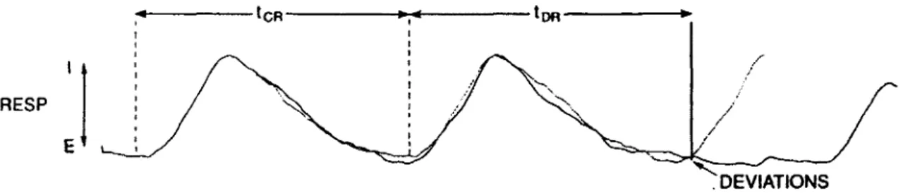 Figure  11  :  Analyse quantitative du  pourcentage  d’un  cycle  respiratoire  contrôle où  se  produit  la  déviation  causée  par  la  déglutition  (respiration,  RESP;  inspiration,  I;  expiration,  E;  temps  du  cycle  respiratoire  contrôle,  tCR; 