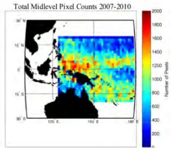 Figure 2.8: Fréquence d'occurrence des pixels de nuages de mi-niveau mono-couche et bi- bi-couches entre janvier 2007 et décembre 2010