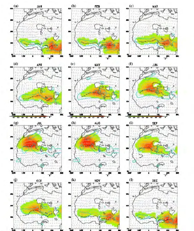 Figure 3.6: Fréquence mensuelle d'occurrence moyenne du Heat Low en Afrique de l'Ouest (couleur) et du champ de vent à 925 hPa (vecteurs, en m.s-1)