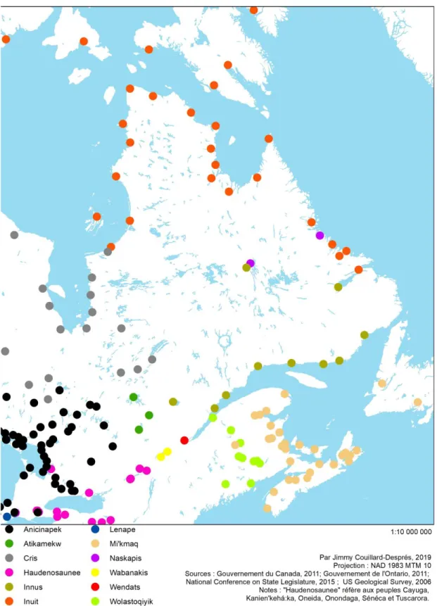 Figure 1. Communautés contemporaines des Premiers Peuples de l’est du Canada, par points de sédentarisation 