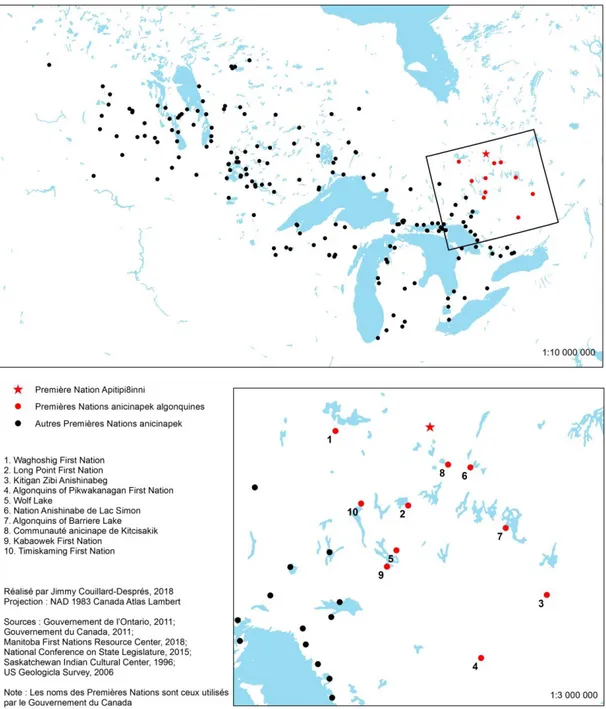 Figure 2. Points de sédentarisation des communautés associées au continuum linguistique ojibwé-potawatomi 