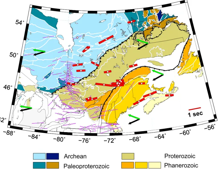 Figure 5. Comparison of the new stacked SKS splits (red bars) with previous measurements (purple bars) taken from the global shear wave splitting database [Wüstefeld et al., 2009; Trabant et al., 2012], superimposed on tectonic boundaries [after Clowes, 20