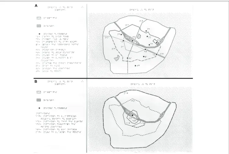 FIGURE 1 | The two raised-line maps (RLM) with their corresponding legends used in the control condition