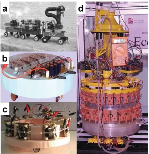 Fig. 7. Digital photographs of Gastrobot, aka chew-chew train (University of S. Florida) (a), EcoBot-I (b), and EcoBot-II (c), each powered by 8 microbial fuel cells and EcoBot-III, powered by 48 small scale MFCs (d)