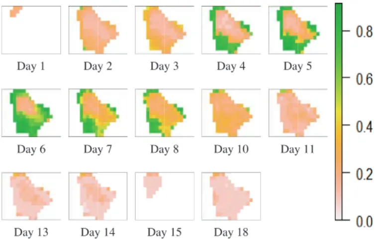 Fig. 3: Normal and abnormal class centers [a]; 3-D projection of the fCover temporal indicators associated with the parcels [b].
