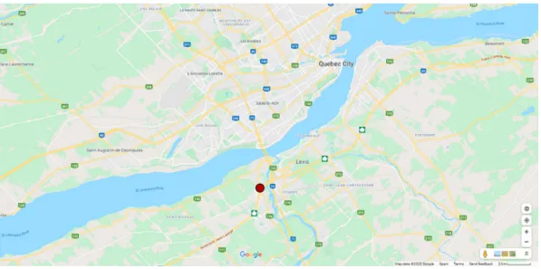 Figure 3.1: Location of the WRRF at Saint-Nicolas indicated by a red point (source Google Maps).
